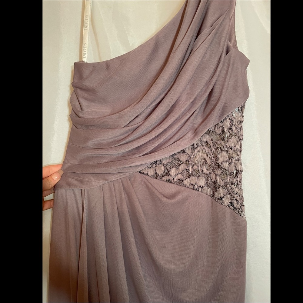 David’s Bridal one shoulder mesh dress with lace insert